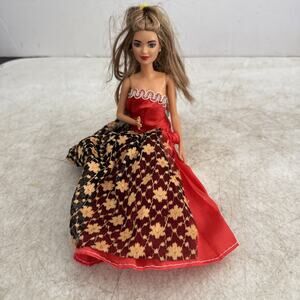 Vintage Barbie Clothes Doll Outfit Red Boho Floral Smocked Maxi Dress